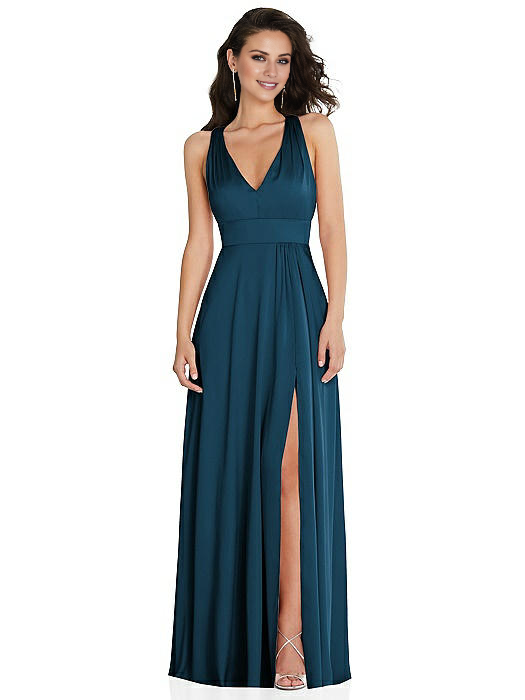 V-neck off shoulder sleeveless backless side slit and floor length Prom dress