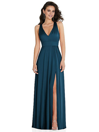 V-neck off shoulder sleeveless backless side slit and floor length Prom dress