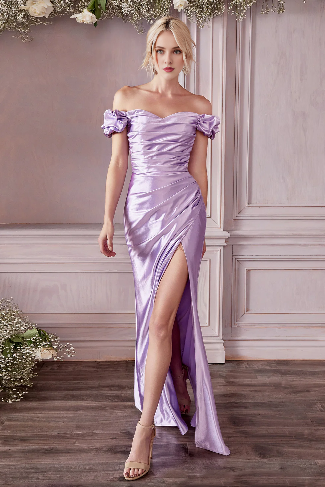Long off shoulder shiny satin dress