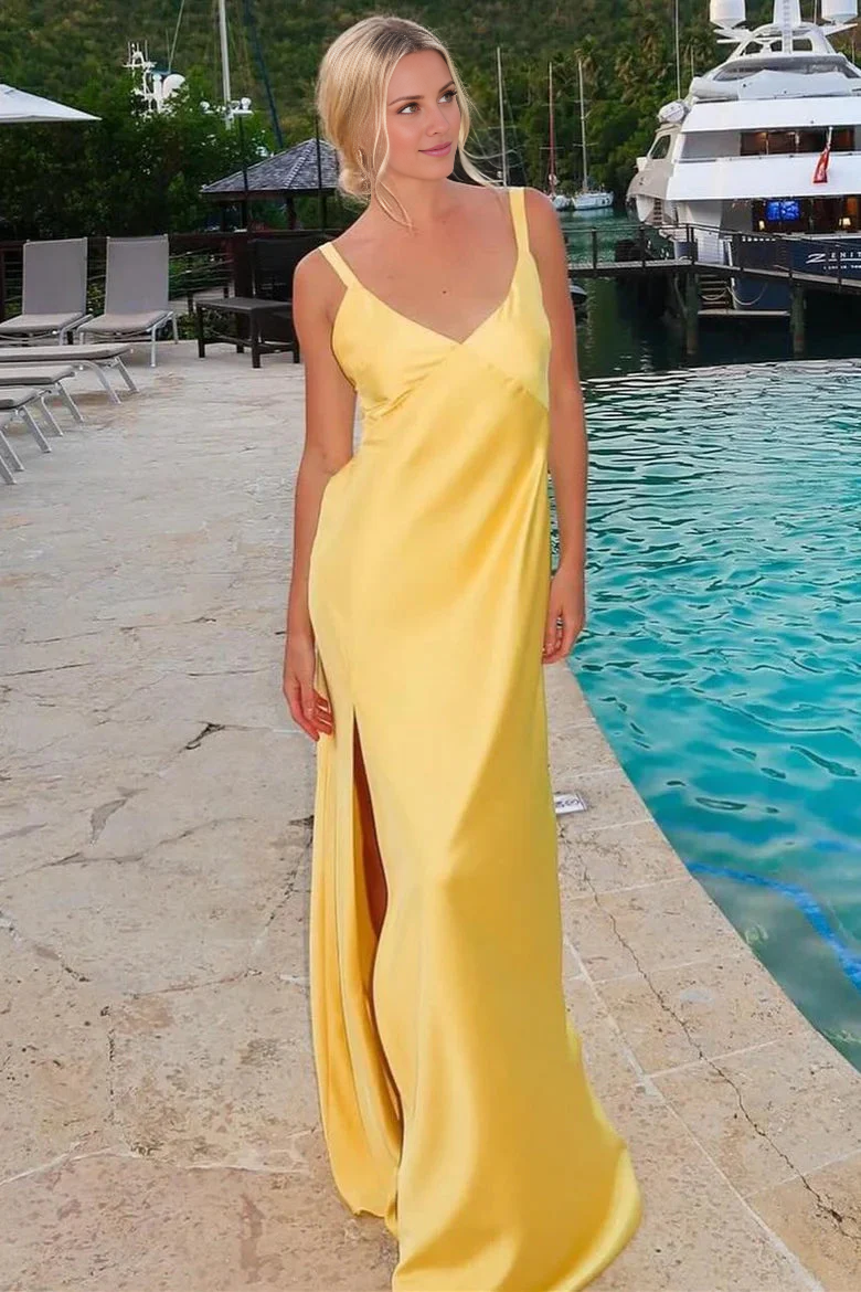 V-neck yellow backless slit long Prom dress