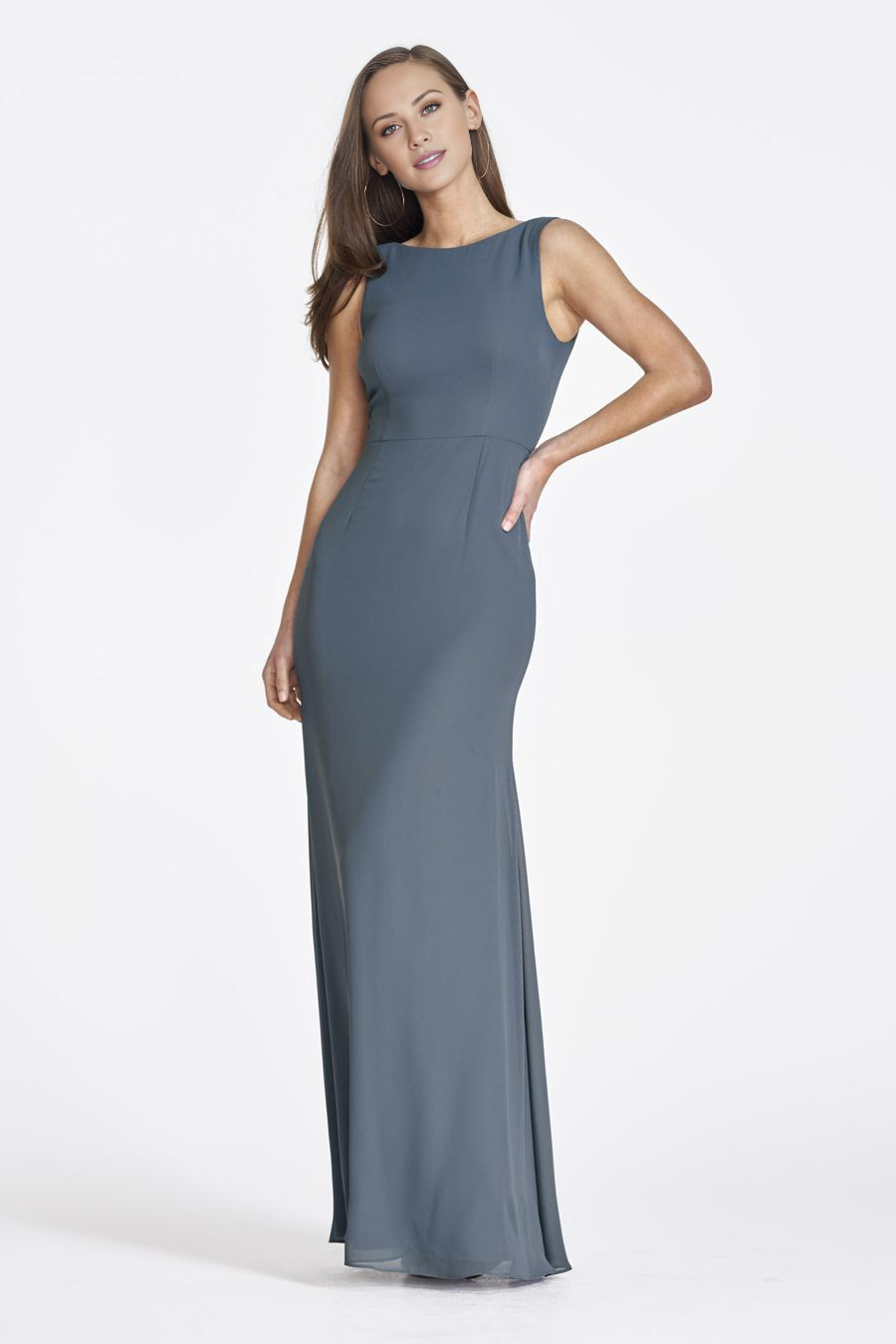 boat neck sleeveless backless minimalist and floor length evening dress