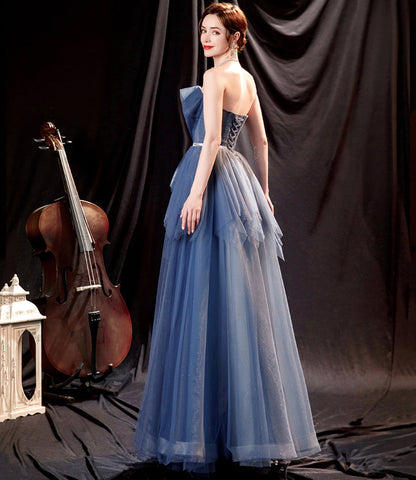 Blue tulle long A line prom dress blue evening dress  10533