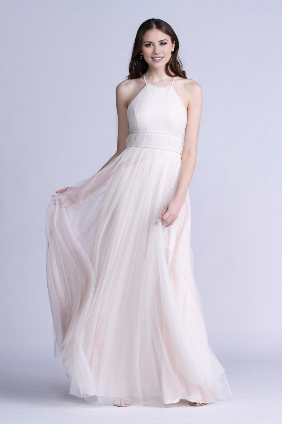 neck hanging collar sheer pleated backless and floor length evening dress