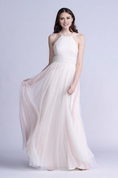 neck hanging collar sheer pleated backless and floor length evening dress