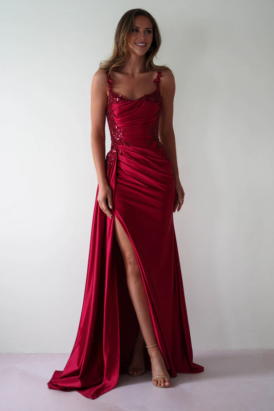 Thin shoulder strap waistband fits snugly satin evening gowns