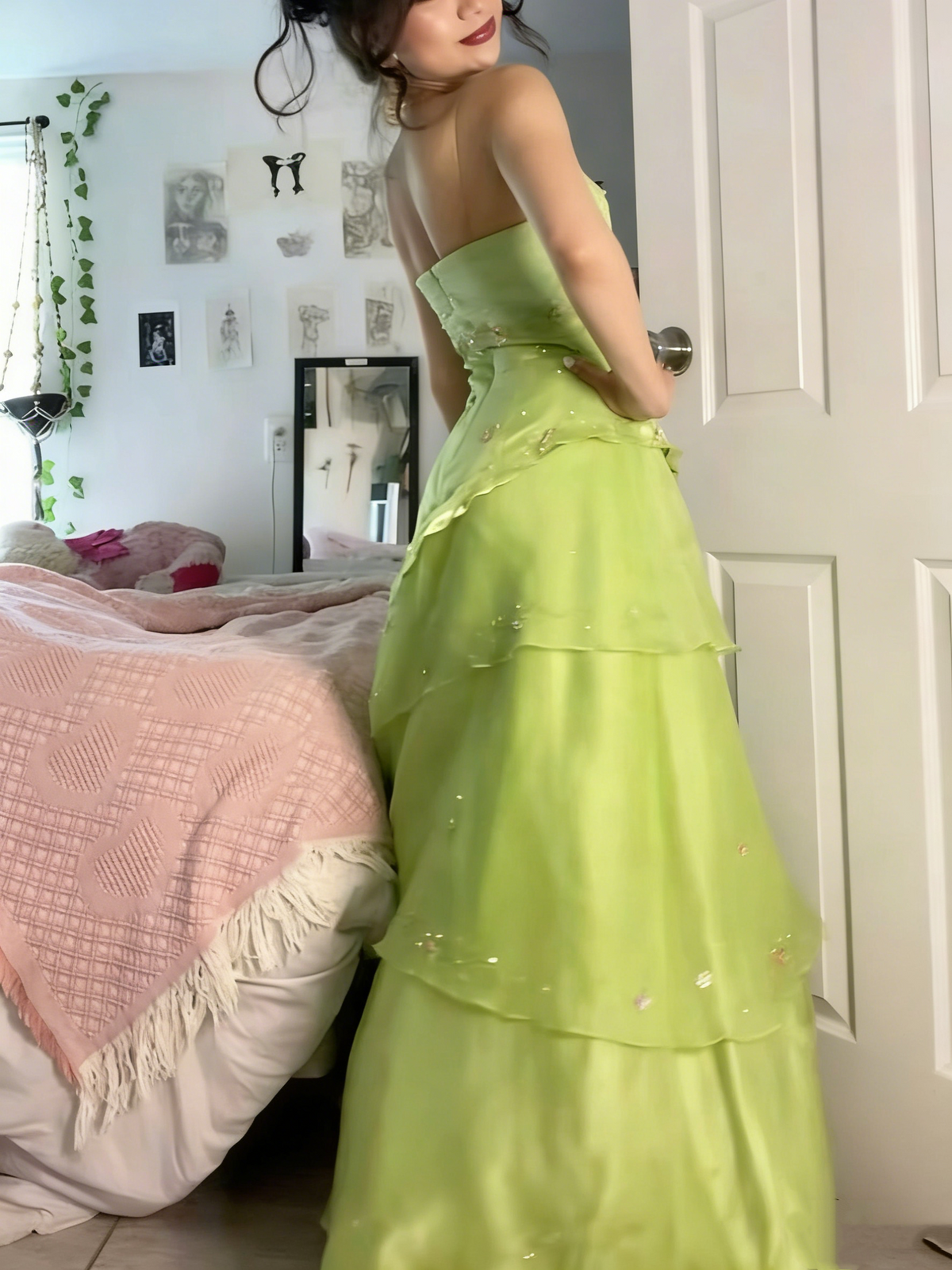 Green floral long tulle dress gh6856