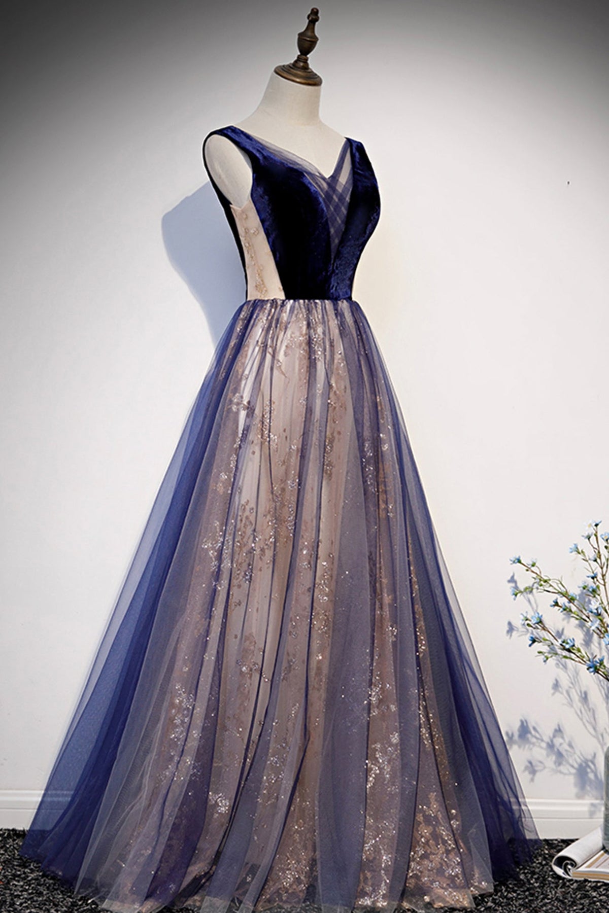 Blue v neck tulle long A line prom dress formal dress  8636