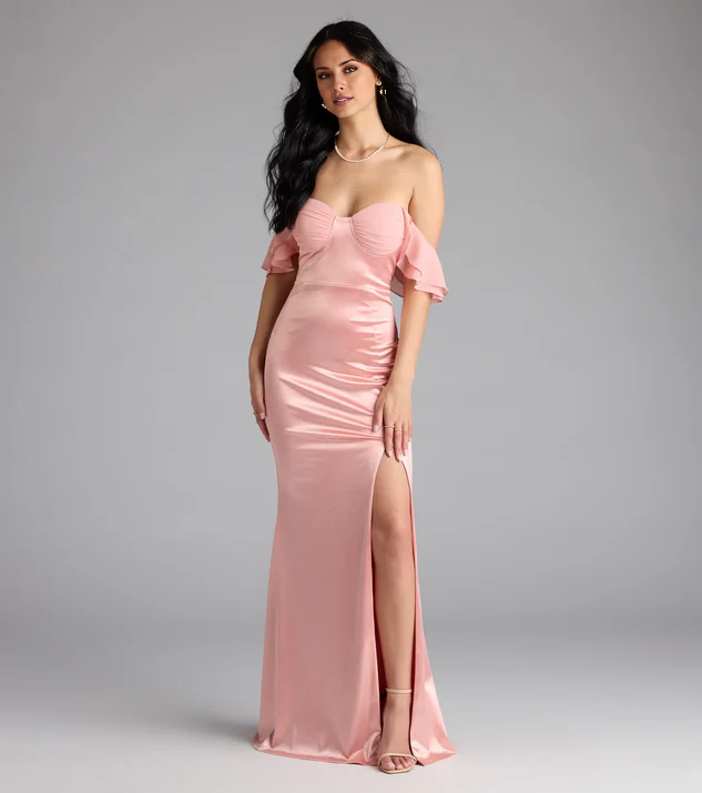 heart-shaped neckline satin side slit backless and floor length Prom dress
