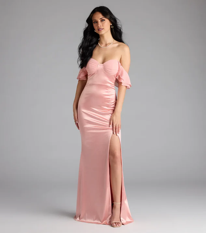 heart-shaped neckline satin side slit backless and floor length Prom dress