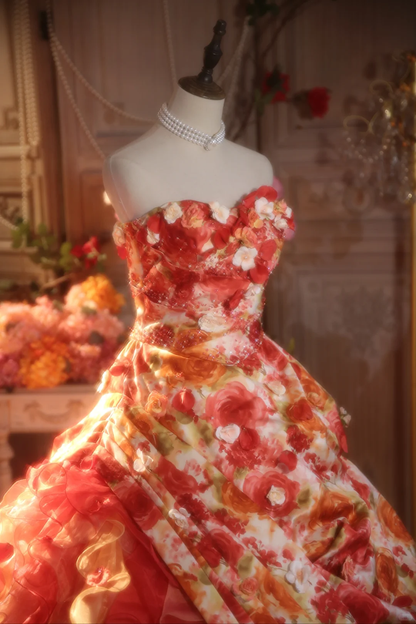 Vintage Floral Strapless Ruffled Formal Sweet 15 Quinceanera Ball Gown TP5528