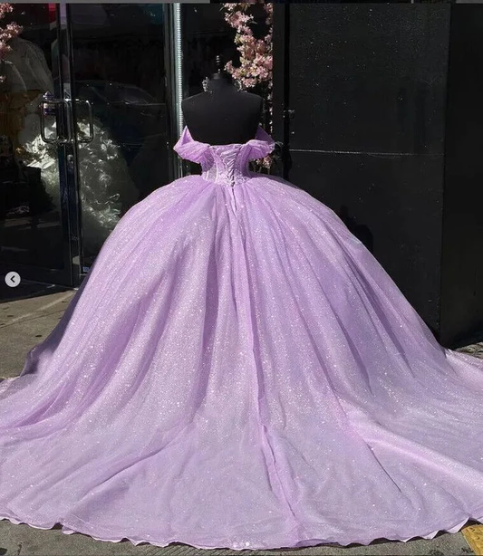 Glitter Off The Shoulder Lilac Tulle Beaded Ball Gown Quinceanera Dress  Y7463