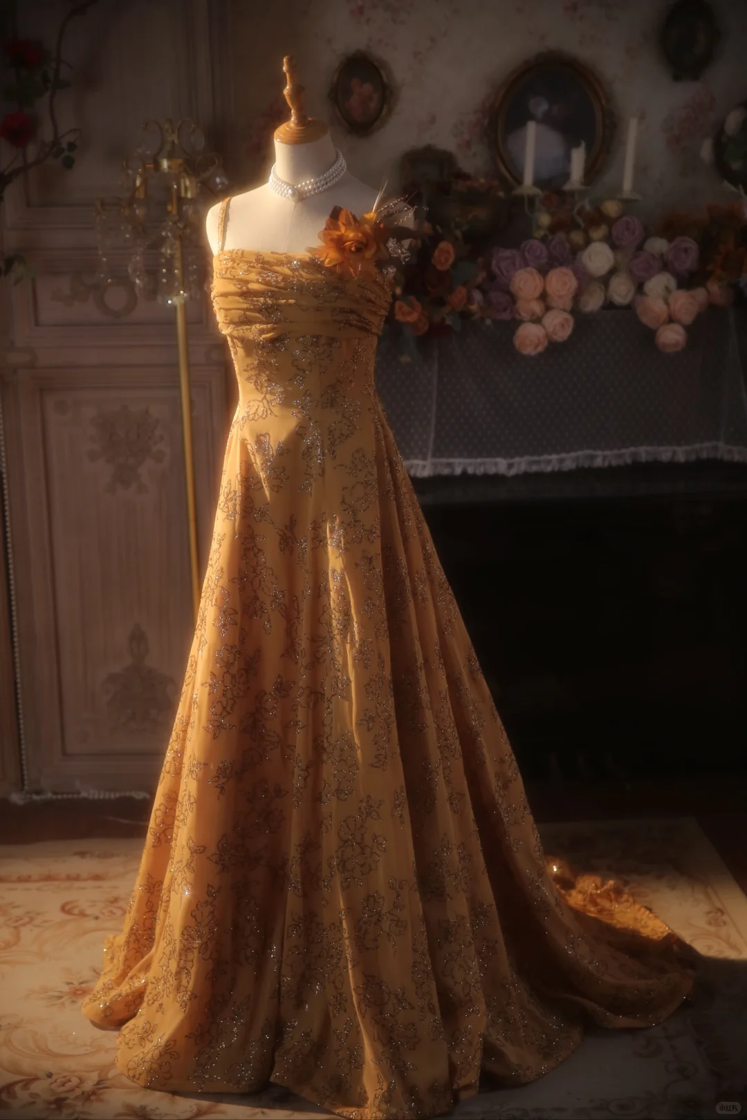 Vintage Mustard Yellow Sequin Floral Embroidery Spaghetti Strap Evening Gown TP5520