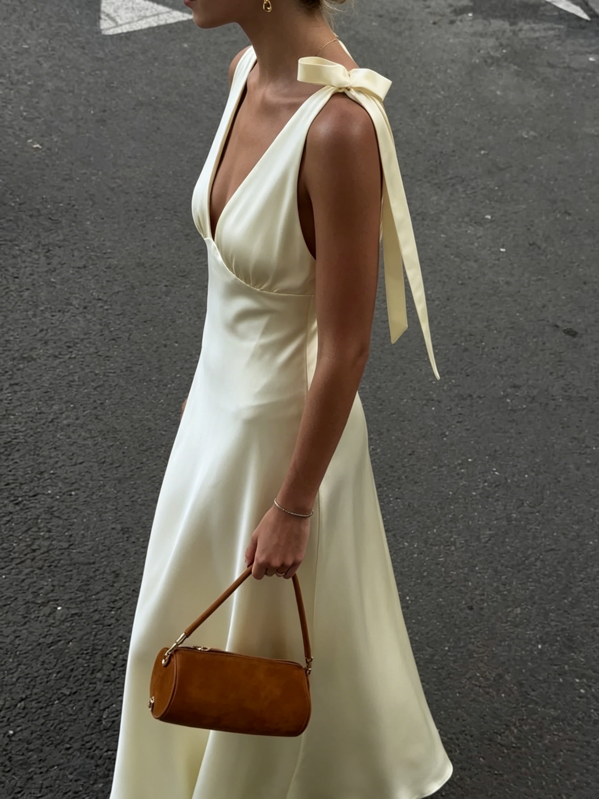 Elegant Cream Satin Deep V-Neck Tie Shoulder A-Line Prom Dress TP5822