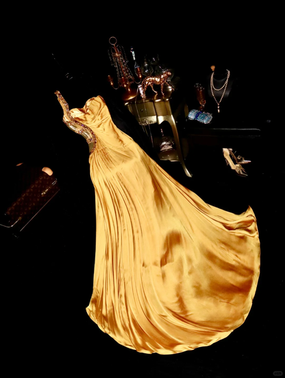 Glamorous Gold Satin One-Shoulder Rhinestone Beaded Sheath Evening Gown TP5357