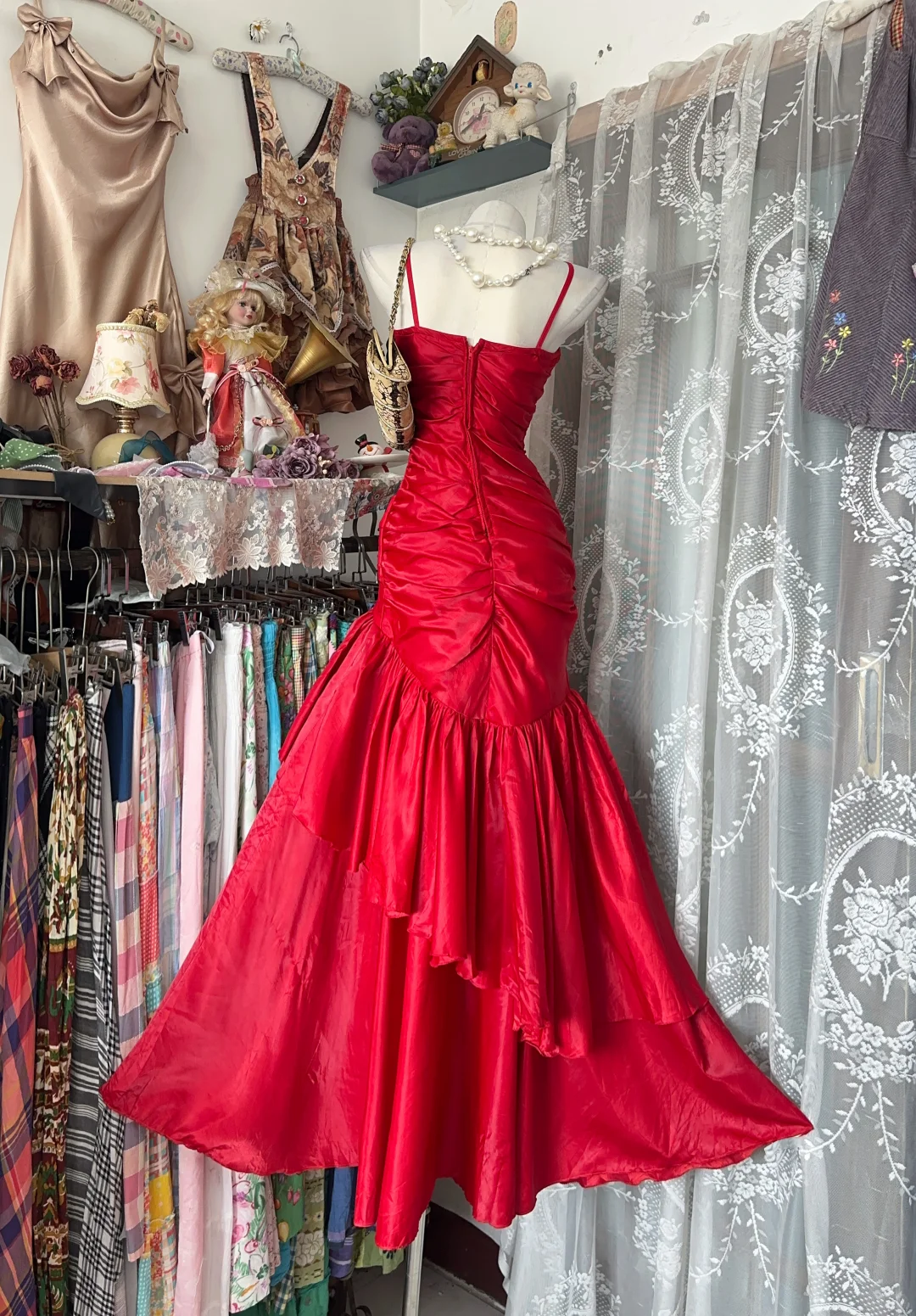 Vintage Red Satin Ruched High-Low Ruffle Mermaid Spaghetti Strap Formal Prom Dress TP5861