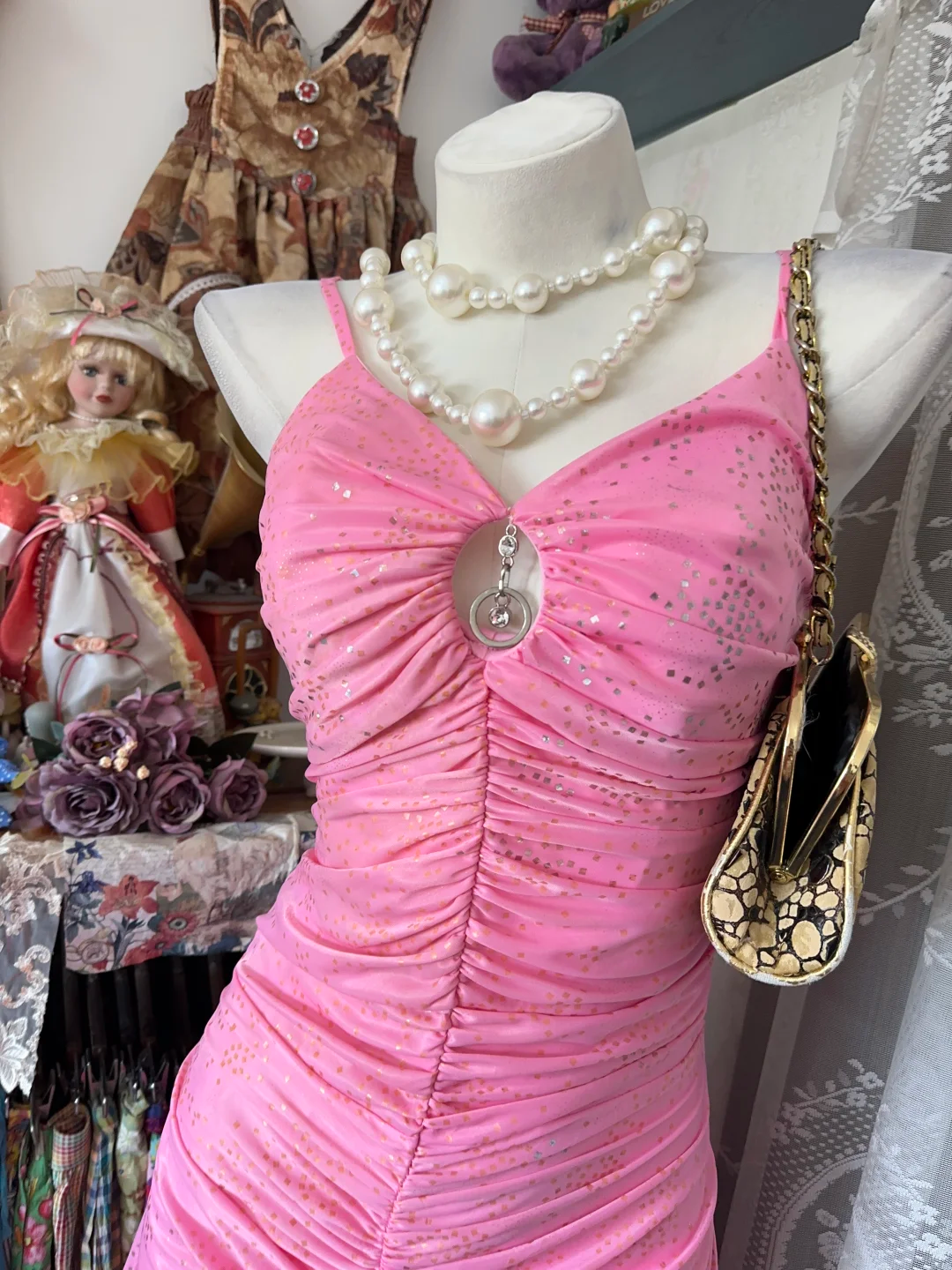 Vintage Hot Pink Glitter Ruched High Low Hem Spaghetti Strap A-Line Prom Dress TP5859