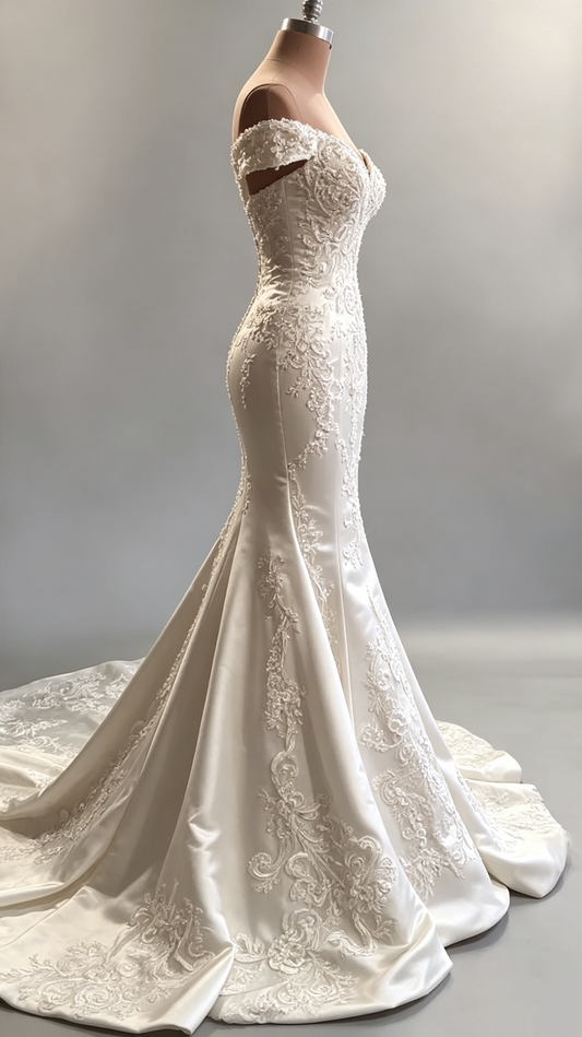 Classic Ivory Off-the-Shoulder Beaded Satin Applique Mermaid Wedding Dress TP5919