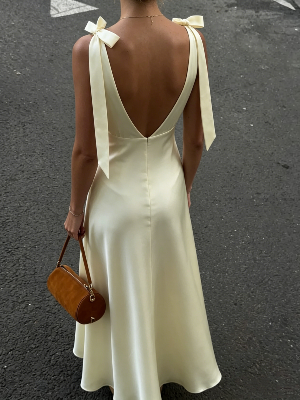 Elegant Cream Satin Deep V-Neck Tie Shoulder A-Line Prom Dress TP5822