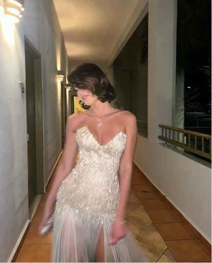 Champagne Color Sparkling Sweetheart Neck Elegant Long Slit Sequin Chiffon Ball Gown Evening Dress gh4185