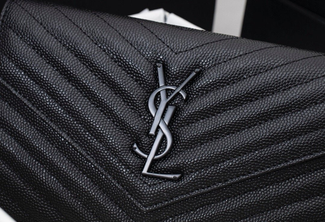 Saint Laurent Matelasse Grain de Poudre Matte Black Monogram Chain Wallet