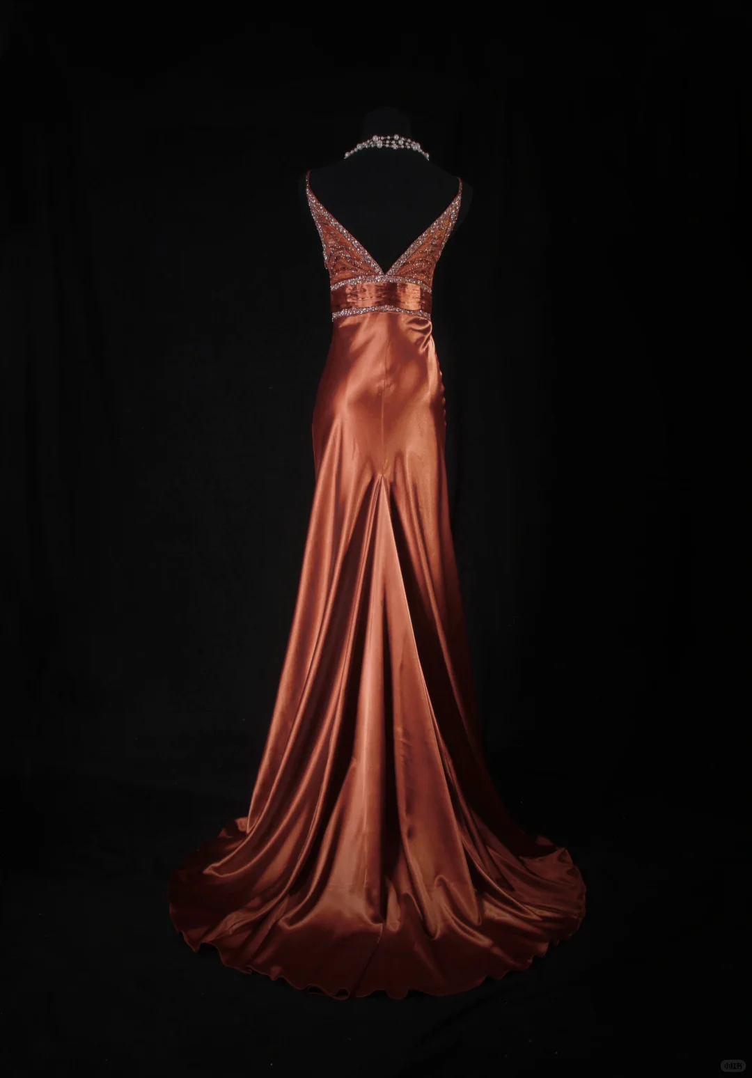 Elegant Caramel Satin Deep V-Neck Beaded Evening Gown TP5414