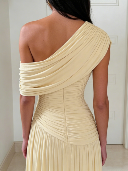Vintage One-Shoulder Ruched Chiffon Evening Dress TP5716