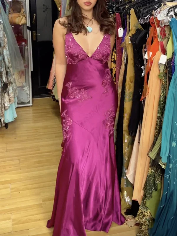 Vintage Hot Pink Satin Embroidery Prom Dress Sheath Backless Evening Dress Long Formal Dress TP4686