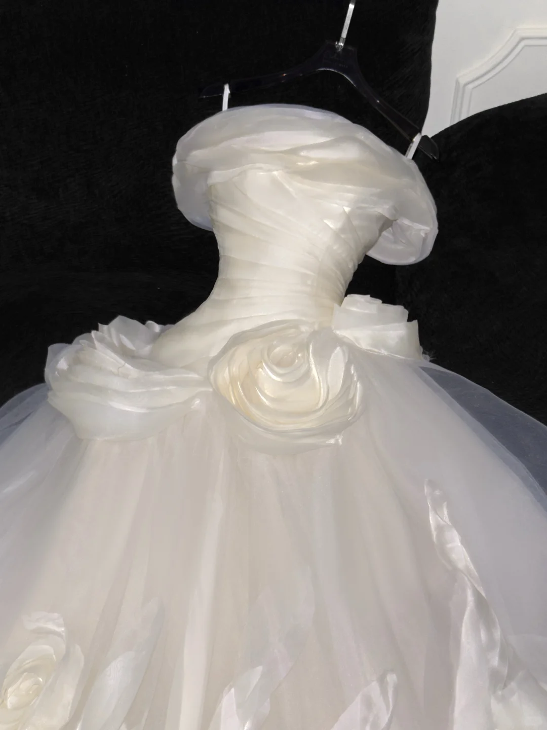 Elegant Ivory 3D Rose Satin Off-Shoulder A-Line Tulle Wedding Dress TP4221