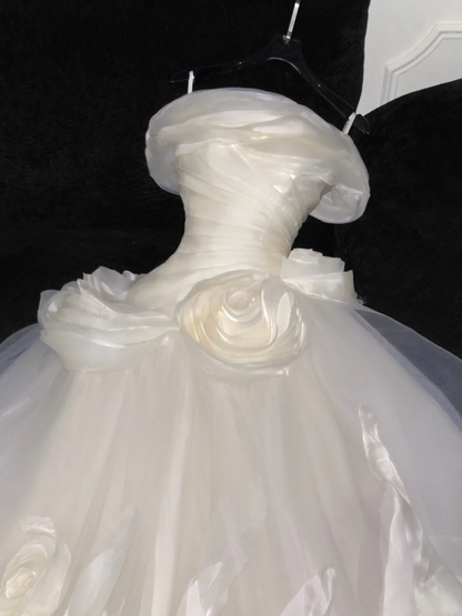 Elegant Ivory 3D Rose Satin Off-Shoulder A-Line Tulle Wedding Dress TP4221