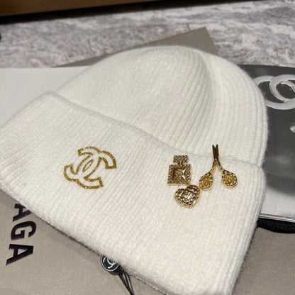 Chanel Gold CC Wool Beanie White