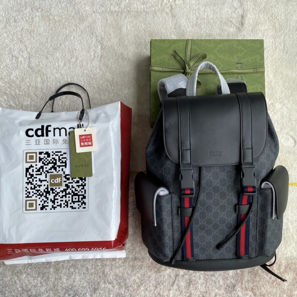 Gucci Soft GG Supreme Black Backpack with Blue & Red Web 42cm 495563 K9R8X 1071