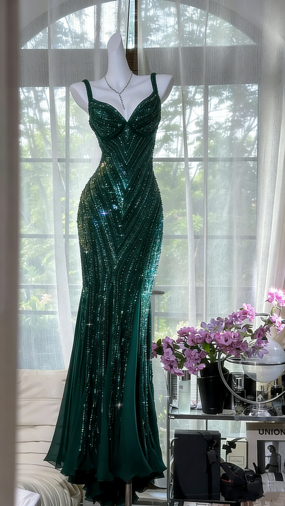 Gorgeous Beaded Sequin V-neck Mermaid Elegant Chiffon Evening Dress Prom Dresses TP4144