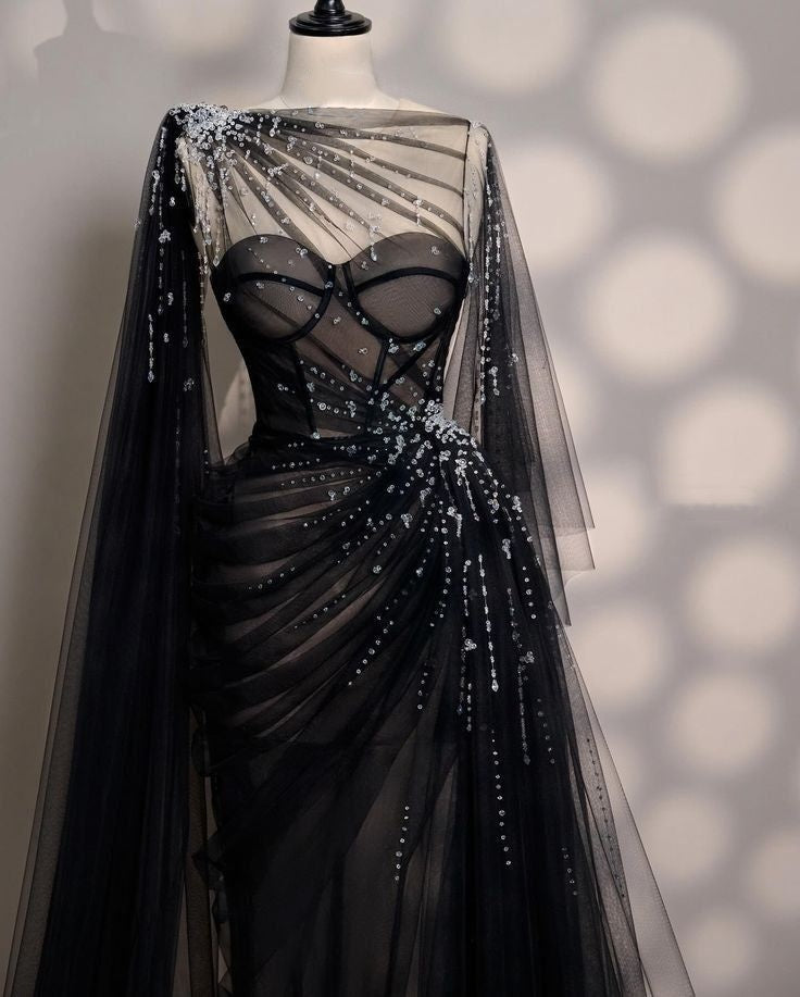 Girlhomeshops-Black/Wine Red/Light Brown Exquisite Beaded Sweetheart Collar Long Tulle Prom Dress Evening Dress Party Dress gh5386