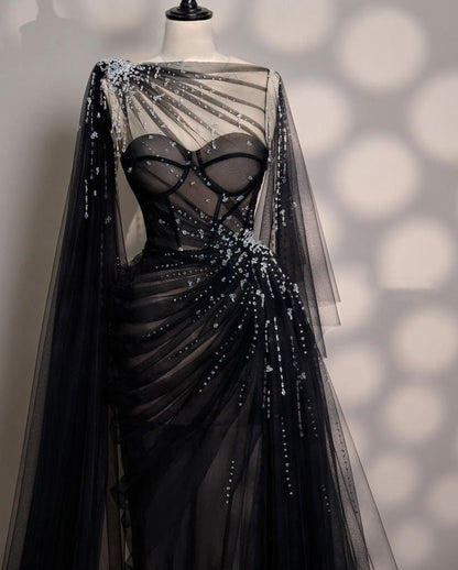 Girlhomeshops-Black/Wine Red/Light Brown Exquisite Beaded Sweetheart Collar Long Tulle Prom Dress Evening Dress Party Dress gh5386