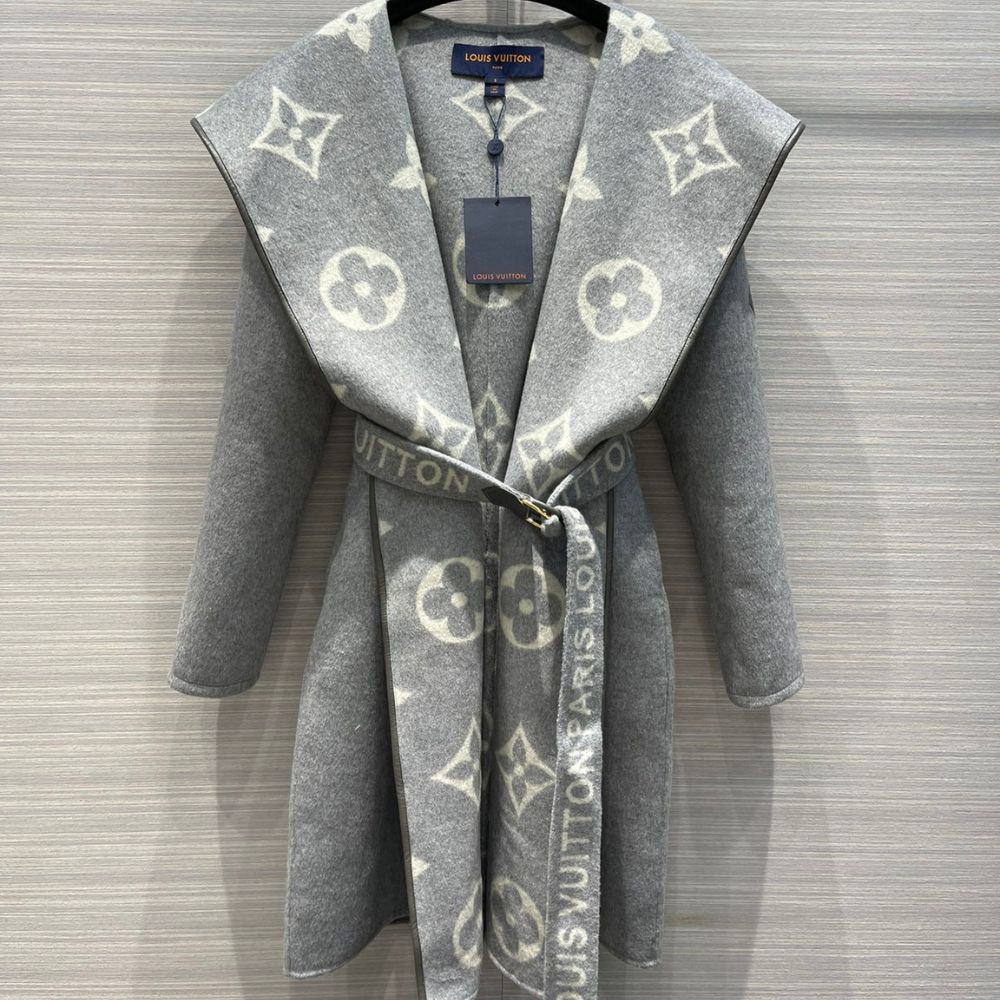 Louis Vuitton Belted Double Sided Hooded Wrap Coat Gray 1A92VF