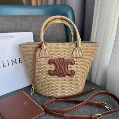 CELINE SUPPLE SMALL TRIOMPHE CLASSIC PANIER IN RAFFIA TAN 25CM