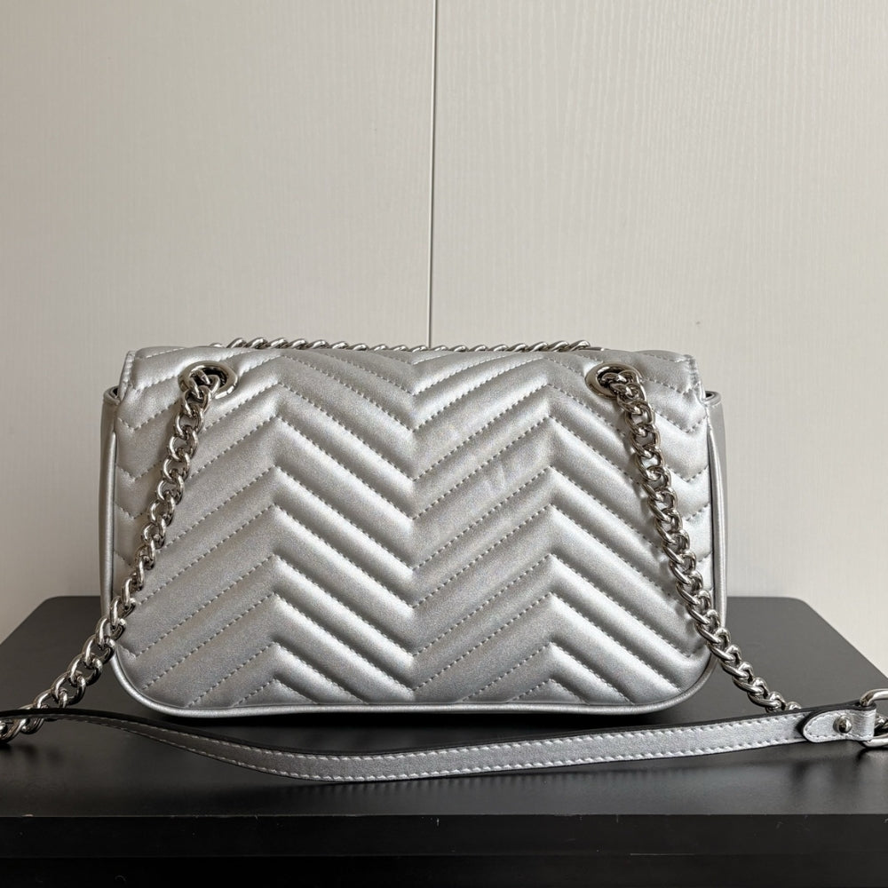 Gucci Gg Marmont Medium Shoulder Bag Metallic Silver 26Cm