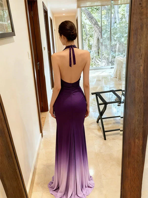 Vintage Purple Ombre Halter Neck Satin Mermaid Evening Gown TP5694