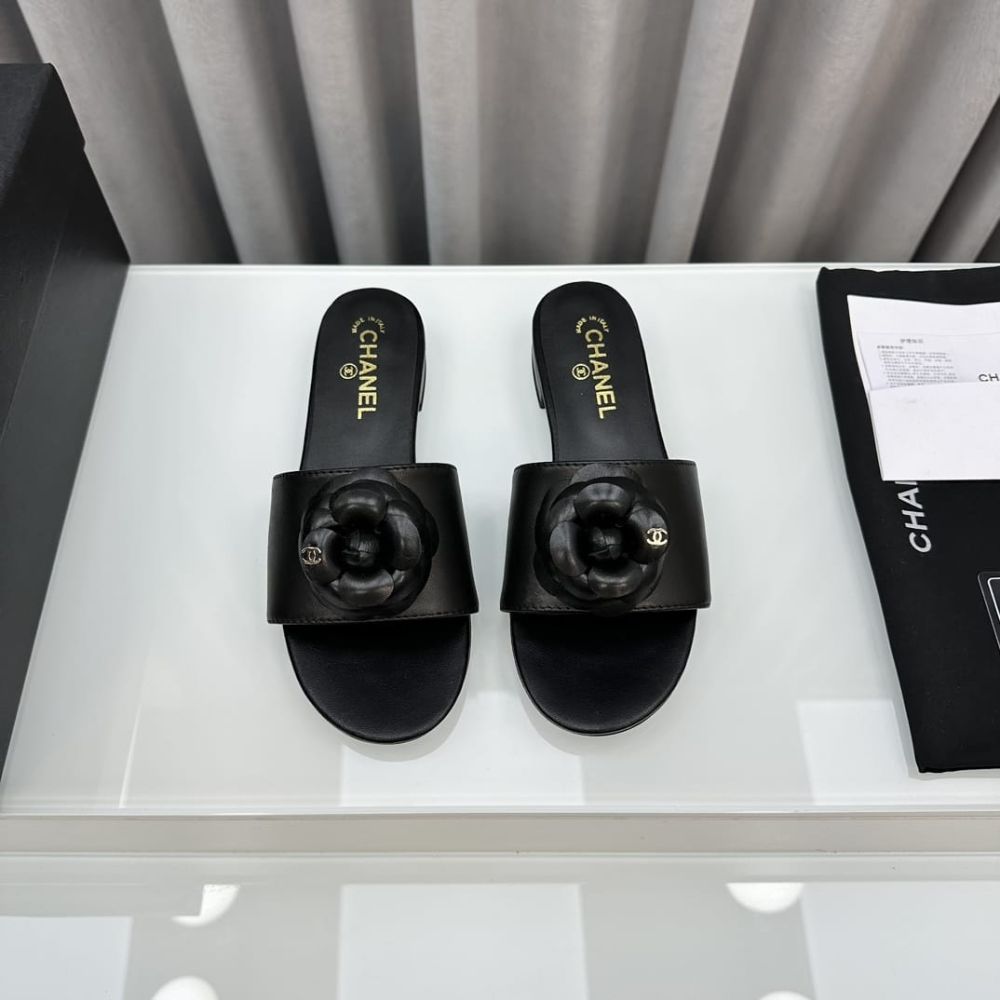 Chanel CC Mules With Camellia In Black