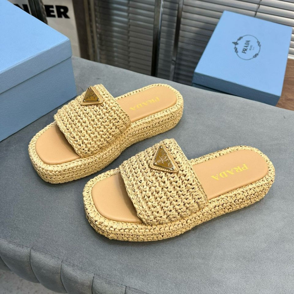 Prada Crochet Flatform Slides Brown