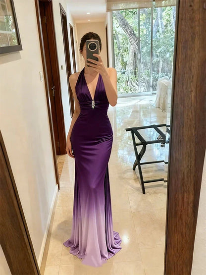 Vintage Purple Ombre Halter Neck Satin Mermaid Evening Gown TP5694