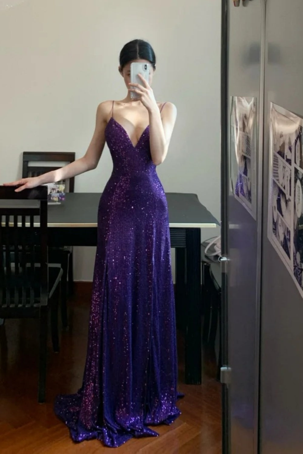 Purple thin shoulder strap sequin long V-neck sexy mature elegant Prom formal graduation dress gh6627
