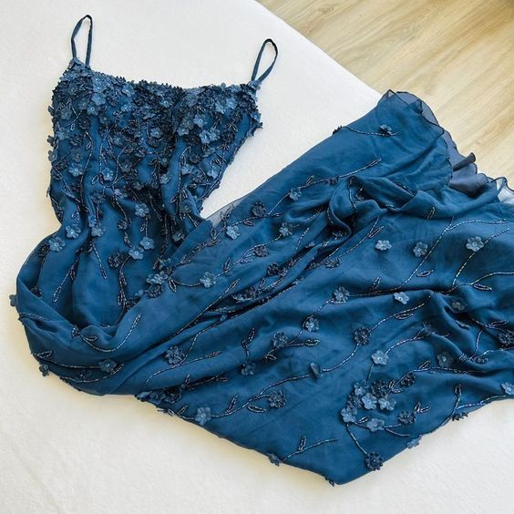 Navy Blue Vintage Spaghetti Straps Elegant Delicate Floral Beads Long Ball Gown Evening Gown Mermaid Birthday Party Dress Prom Gown gh2940