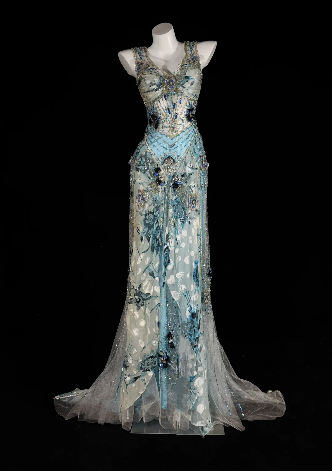 Light Blue Vintage Floral Waist-Cinching Fitted Sexy Party & Evening Gown gh7147