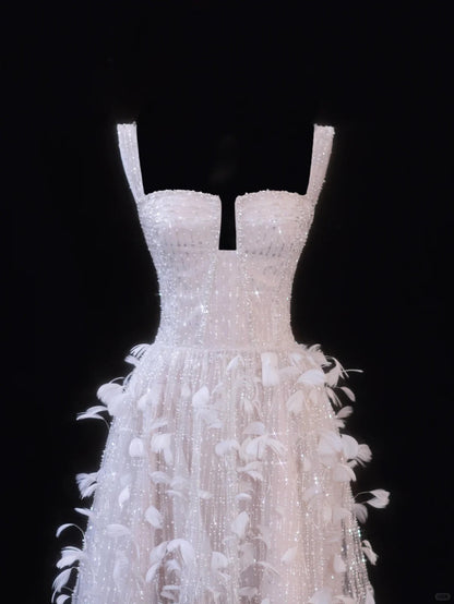 Girlhomeshops-Pink Feather Exquisite Beaded Short Tulle Homecoming Dress Birthday Party Dress gh5377