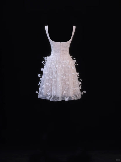 Girlhomeshops-Pink Feather Exquisite Beaded Short Tulle Homecoming Dress Birthday Party Dress gh5377