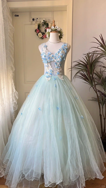 Dreamy Flower Fairy Light Blue 3D Floral V-Neck Tulle Ball Gown Evening Dress cc5344