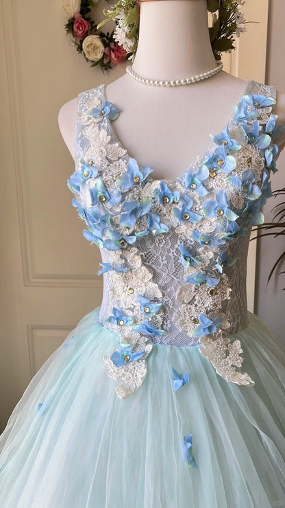 Dreamy Flower Fairy Light Blue 3D Floral V-Neck Tulle Ball Gown Evening Dress cc5344