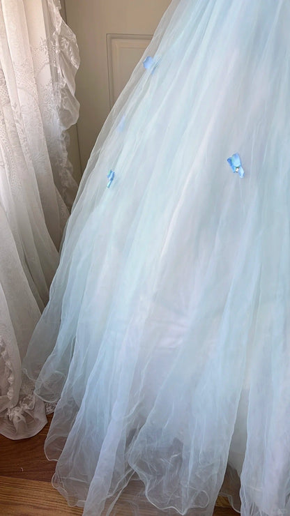 Dreamy Flower Fairy Light Blue 3D Floral V-Neck Tulle Ball Gown Evening Dress cc5344