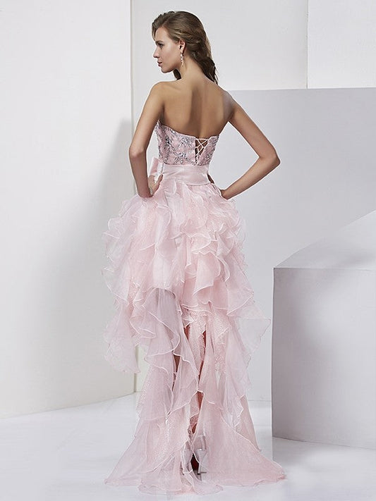 A-Line/Princess Strapless Sleeveless Beading High Low Organza Floor-Length Homecoming Dresses